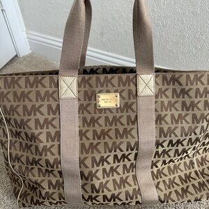 Michael Kors Tan and Brown Logo Duffel Bag